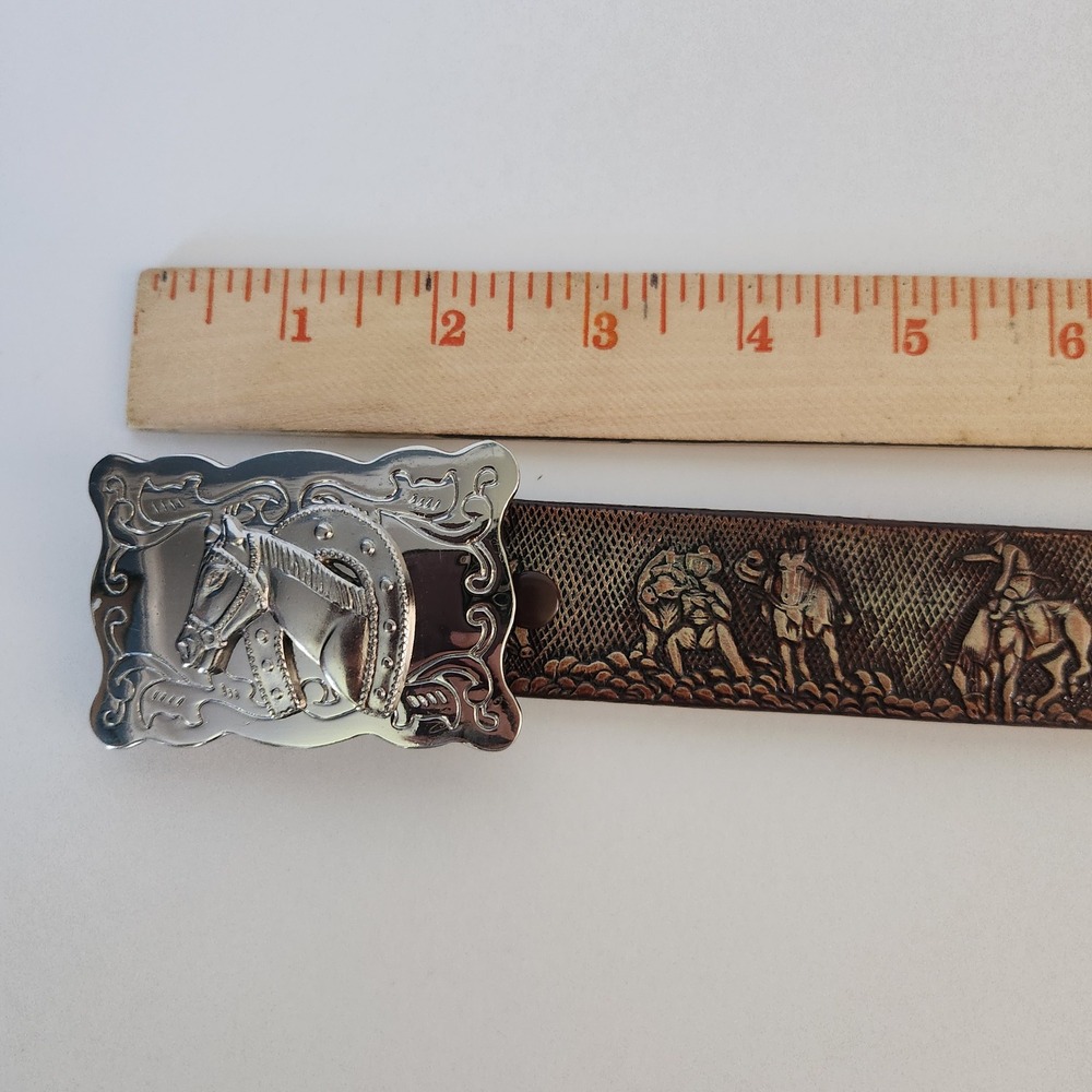Vintage Kids Western Cowboy Horse Belt Silver Buckle Tooled Brown‎ Leather